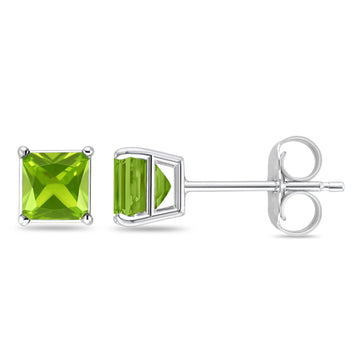 Solitaire Princess Cut Stud Earrings Simulated Peridot CZ 925 Sterling Silver